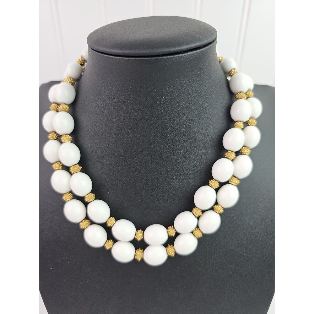 Vintage Crown Trifari Bead Necklace Gold Tone Bead Spacers Two Strand 13 in - Picture 2 of 10